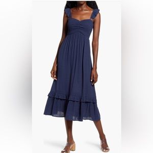 Smocked Bodice Midi Dress Navy Small